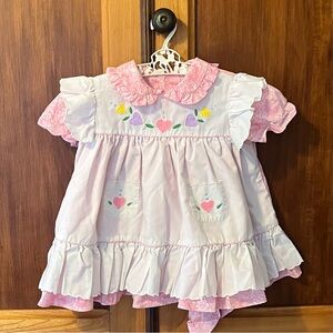Vintage 80s Girls 2T Pink and White Ruffled Pinafore Dress Embroidered Hearts